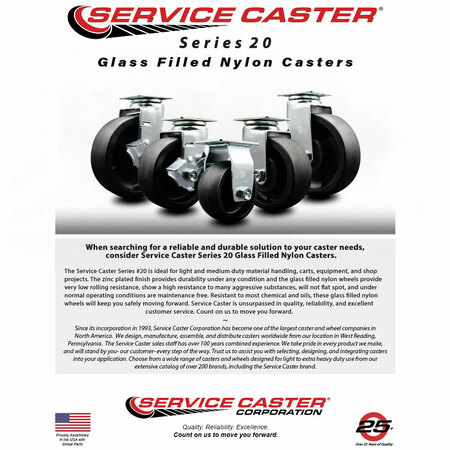 Service Caster 4 Inch Glass Filled Nylon Caster Set with Roller Bearings 2 Brakes 2 Rigid SCC SCC-20S420-GFNR-TLB-2-R-2